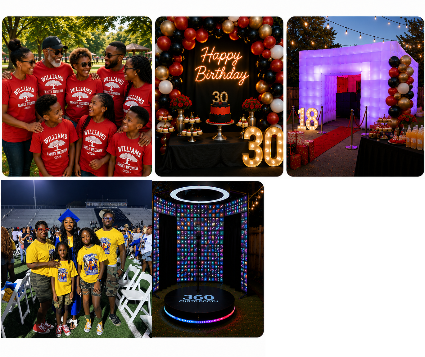 PMP event gallery: family reunion shirts, birthday setups, inflatable nightclub, 360 photo booth, and elegant tablescape