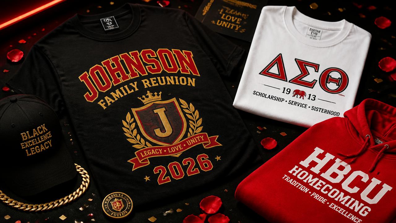 Premium full-color DTF printed t-shirts for family reunions, HBCU events, and community celebrations