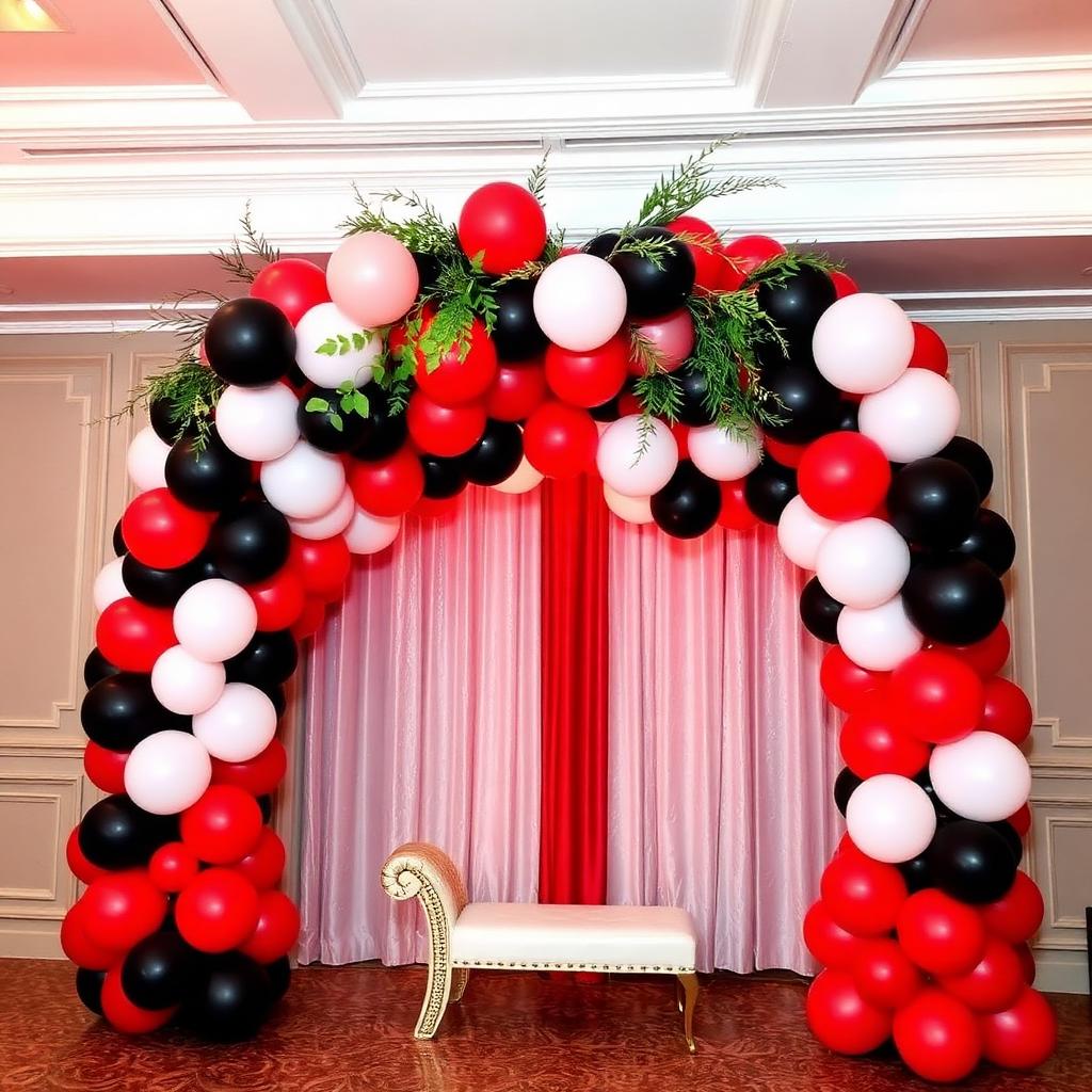 Custom balloon arch and event decor package in red, black and white